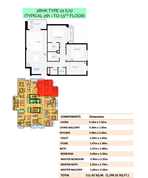 Plattegrond van 2 slaapkamers in Celestara Residences