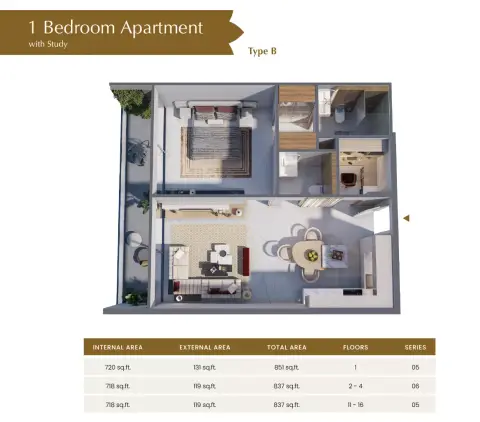 Plattegrond van 1 slaapkamer in Blossom76