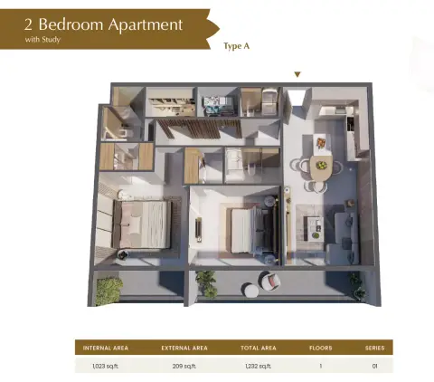 Plattegrond van 2 slaapkamers in Blossom76