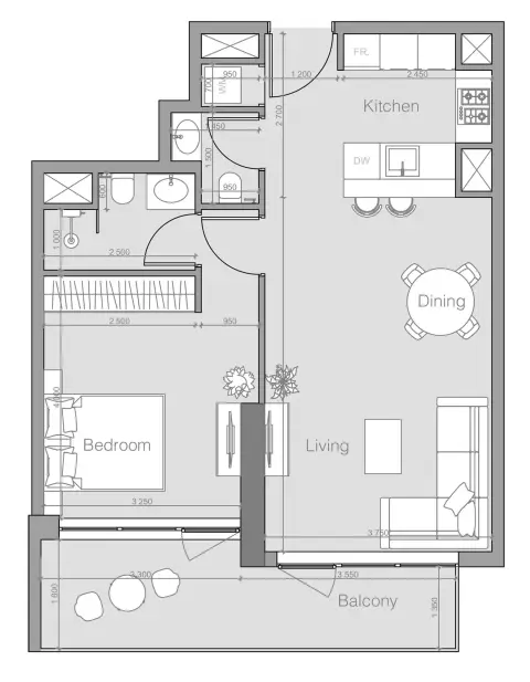 Plattegrond van 1 slaapkamer in Ozone 1 Residence