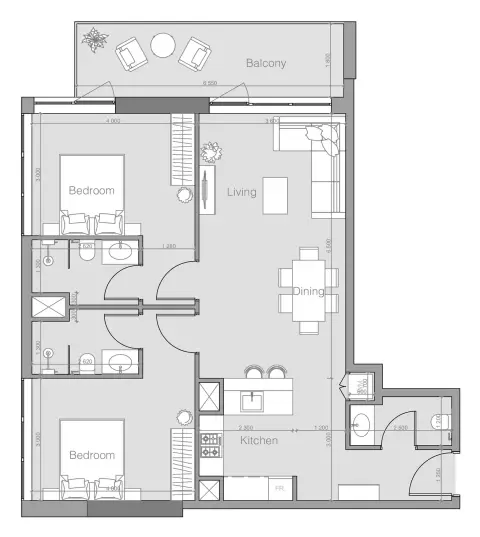 Plattegrond van 2 slaapkamers in Ozone 1 Residence