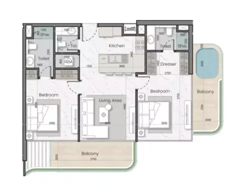 Plattegrond van 2 slaapkamers in Mak I'Sola Bella