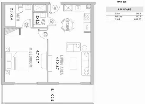 Plattegrond van 1 slaapkamer in Equiti Garden
