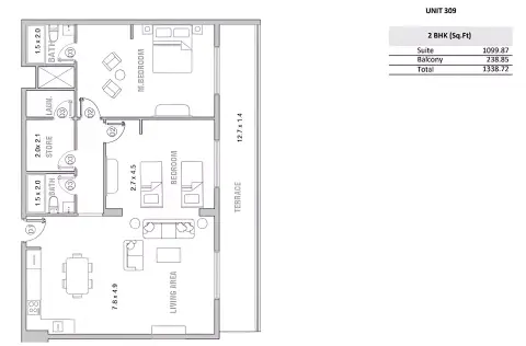 Plattegrond van 2 slaapkamers in Equiti Garden
