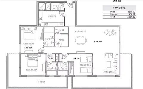 Plattegrond van 3 slaapkamers in Equiti Garden