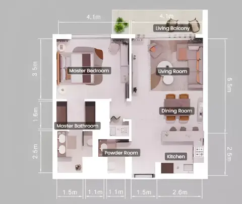 Plattegrond van 1 slaapkamer in Moss