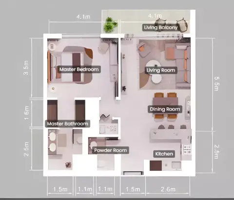 Plattegrond van 1 slaapkamer in Teal