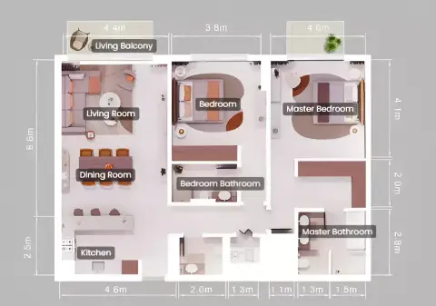 Plattegrond van 2 slaapkamers in Teal