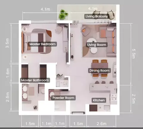 Plattegrond van 1 slaapkamer in Pine