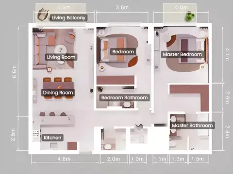 Plattegrond van 2 slaapkamers in Pine