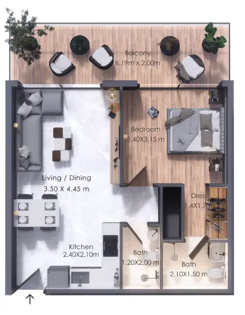 Plattegrond van 1 slaapkamer in Moonsa Residences Phase 2 By Dugasta