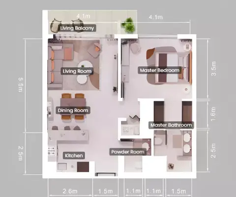 Plattegrond van 1 slaapkamer in Mint