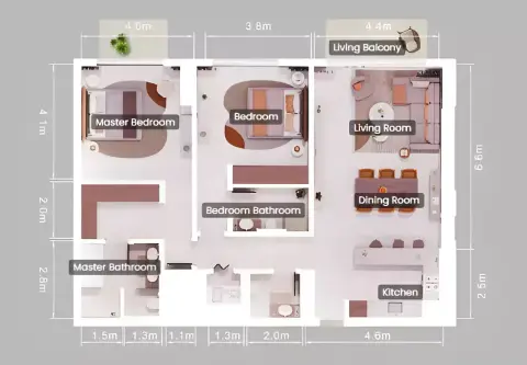 Plattegrond van 2 slaapkamers in Mint
