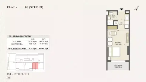 Plattegrond van Studio in Dalmore Tower