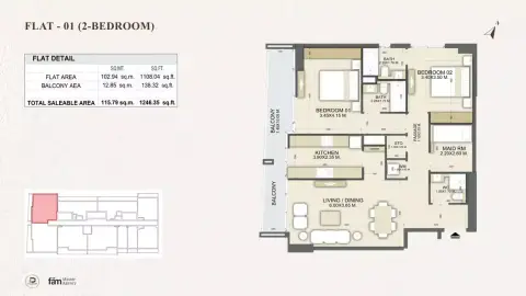 Plattegrond van 2 slaapkamers in Dalmore Tower