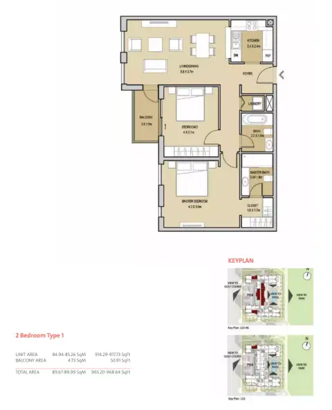 Plattegrond van 2 slaapkamers in Mudon Central Park