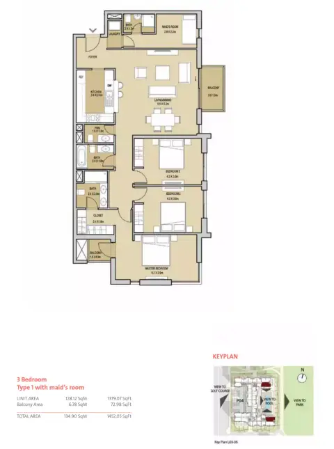 Plattegrond van 3 slaapkamers in Mudon Central Park