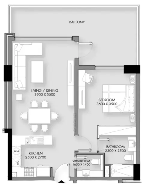 Plattegrond van 1 slaapkamer in Rose Gardens Phase 3 By Roz Development