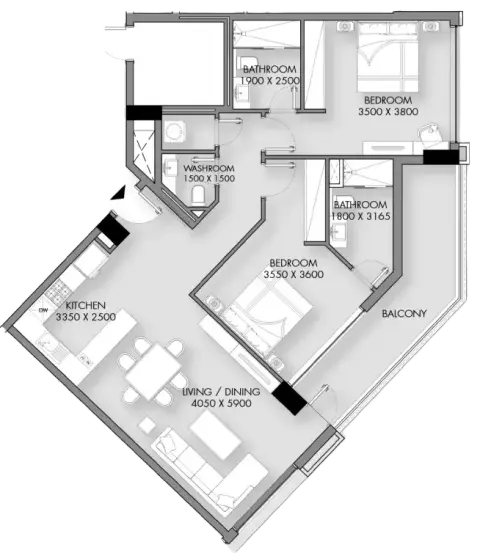 Plattegrond van 2 slaapkamers in Rose Gardens Phase 3 By Roz Development