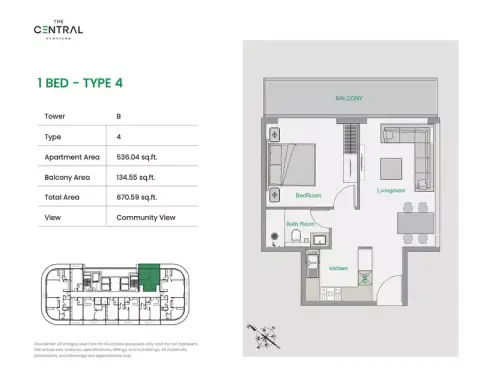 Plattegrond van 1 slaapkamer in The Central Downtown