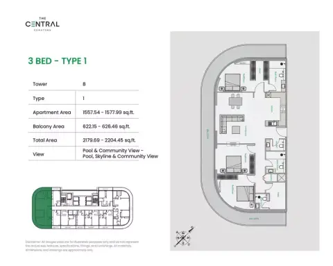 Plattegrond van 3 slaapkamers in The Central Downtown