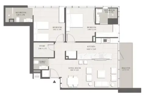 Plattegrond van 2 slaapkamers in Sapphire 32 by Dar Alkarama