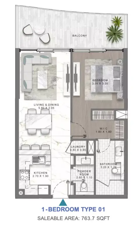 Plattegrond van 1 slaapkamer in Damac Lagoon Views Andalucia