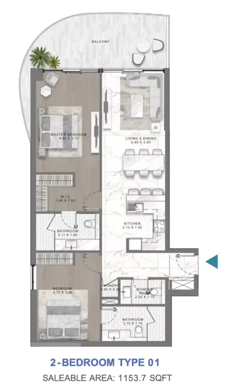 Plattegrond van 2 slaapkamers in Damac Lagoon Views Andalucia