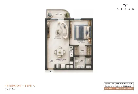 Plattegrond van 1 slaapkamer in Verso