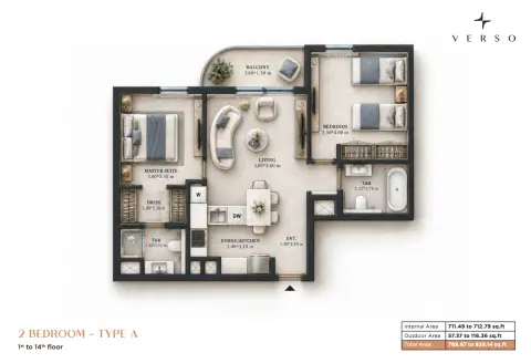 Plattegrond van 2 slaapkamers in Verso