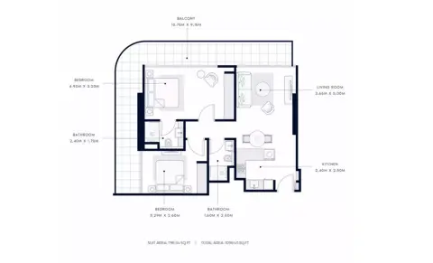 Plattegrond van 2 slaapkamers in Azizi Grand