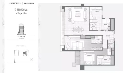 Plattegrond van 2 slaapkamers in DaVinci Tower