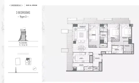 Plattegrond van 3 slaapkamers in DaVinci Tower