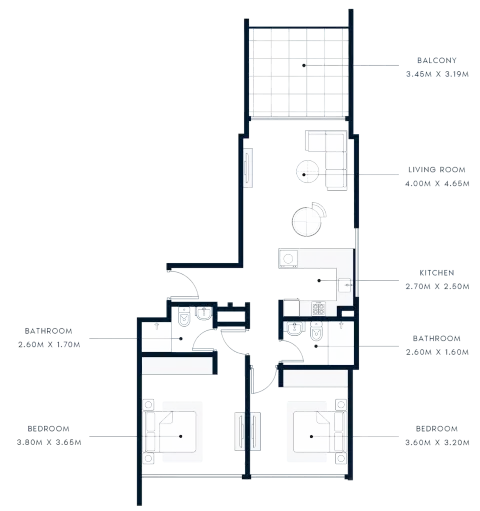 Plattegrond van 2 slaapkamers in Azizi Riviera Beachfront