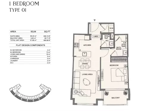 Plattegrond van 1 slaapkamer in Binghatti Wraith