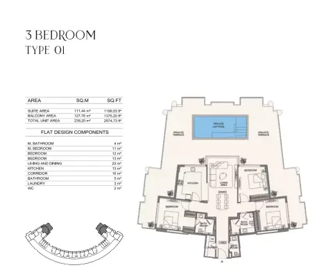 Plattegrond van 3 slaapkamers in Binghatti Wraith
