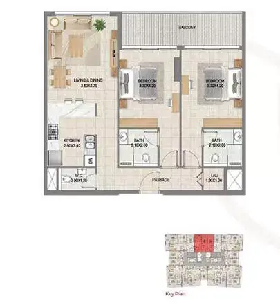 Plattegrond van 2 slaapkamers in Nanma Lotus