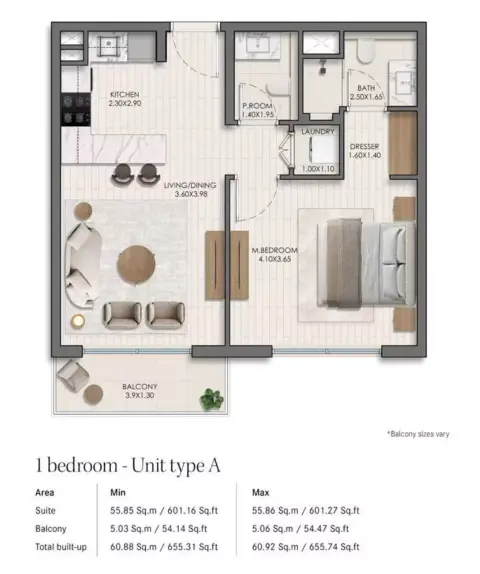 Plattegrond van 1 slaapkamer in Belmont