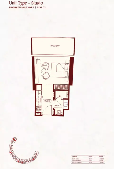 Plattegrond van Studio in Binghatti Skyflame
