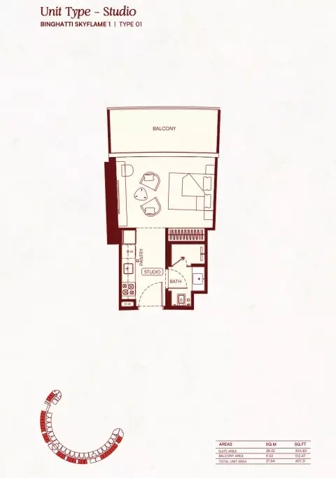 Plattegrond van 1 slaapkamer in Binghatti Skyflame