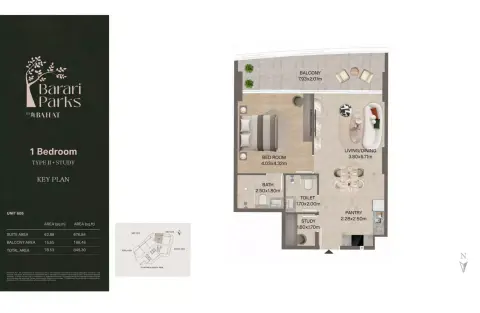 Plattegrond van 1 slaapkamer in Barari Parks