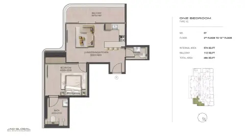 Plattegrond van 1 slaapkamer in J188