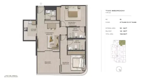 Plattegrond van 2 slaapkamers in J188