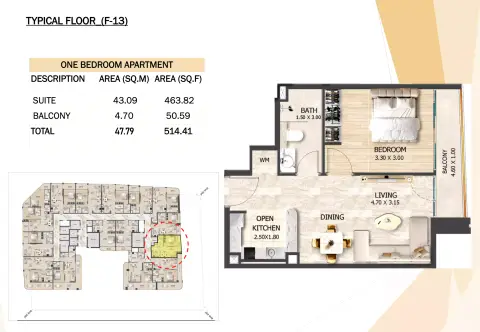 Plattegrond van 1 slaapkamer in Crystal Tower