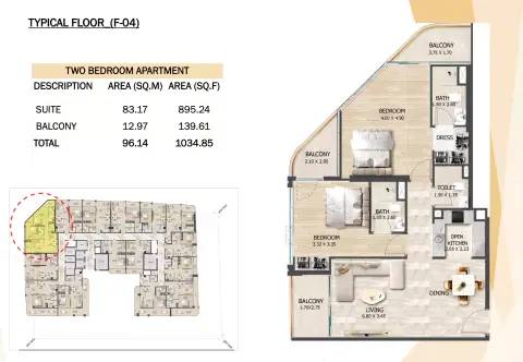 Plattegrond van 2 slaapkamers in Crystal Tower
