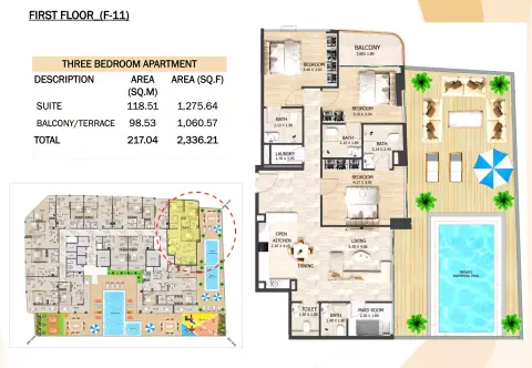 Plattegrond van 3 slaapkamers in Crystal Tower