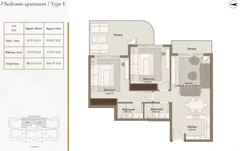 Plattegrond van 2 slaapkamers in Dar Al Aiham One