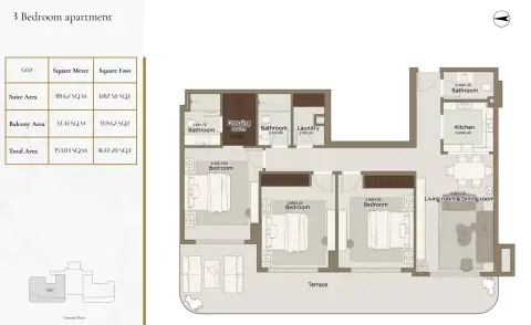 Plattegrond van 3 slaapkamers in Dar Al Aiham One