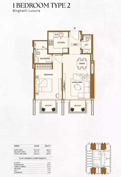 Plattegrond van 1 slaapkamer in Binghatti Luxuria