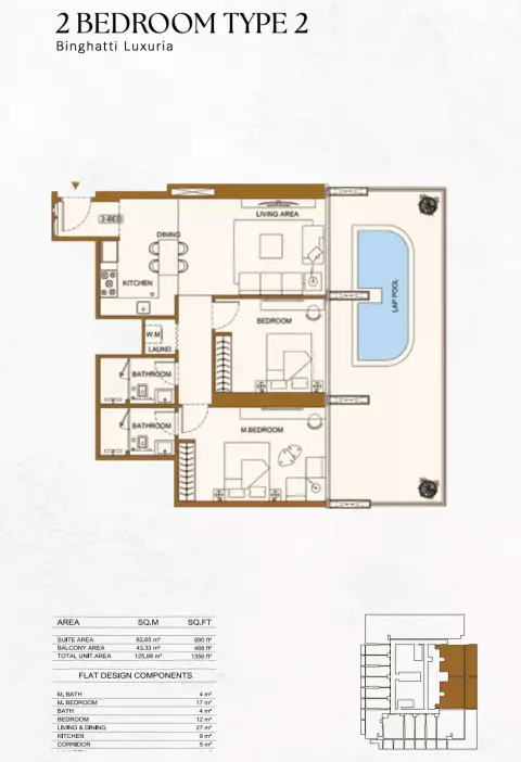 Plattegrond van 2 slaapkamers in Binghatti Luxuria